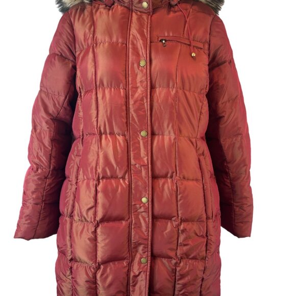 Lands' End Jackets & Blazers - Lands End Women's M Red Shimmer Down Feather Faux Fur Puffer Winter Coat
